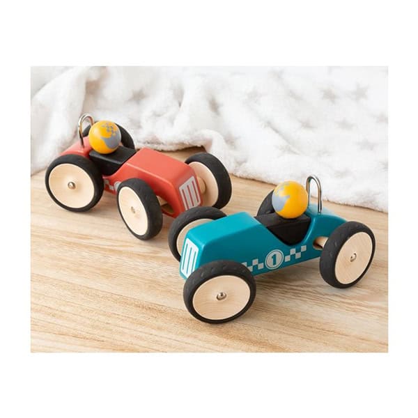 Kiokids Σετ 2 Ξύλινα Ρετρό Αγωνιστικά Αυτοκίνητα Red&Blue